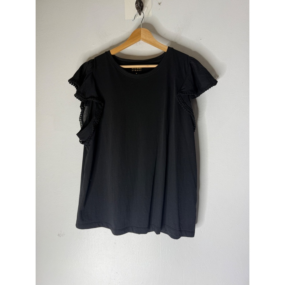 Kate Spade Broome Street Black Flutter Sleeve Pom Pom Trim Cotton Top XL